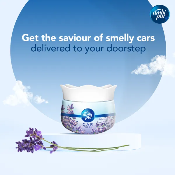 Banner: the car gel floats on clouds with sprigs of lavender.