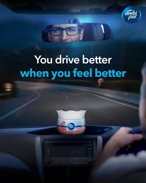 'You drive better when you feel better', seen in the rear-view mirror.