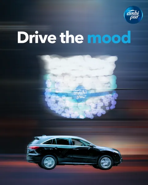 'Drive the mood': the gel shell glows above a speeding car.