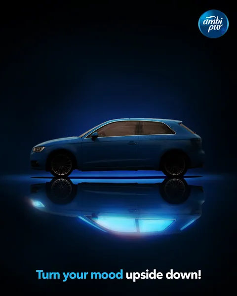 'Turn your mood upside down': a car mirrored on a dark floor.