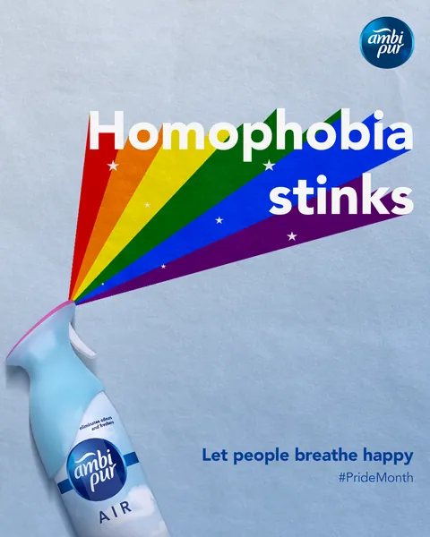 Pride Month: 'Homophobia stinks', with the spray releasing a rainbow.