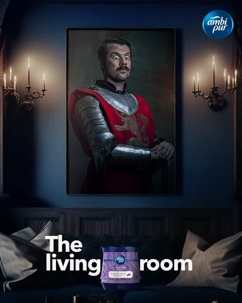 The living room: a knight's portrait comes alive by candlelight.