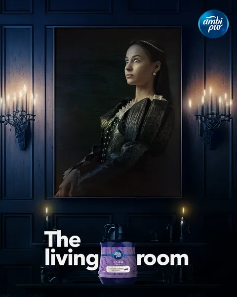 The living room: a noblewoman watches from her frame by candlelight.