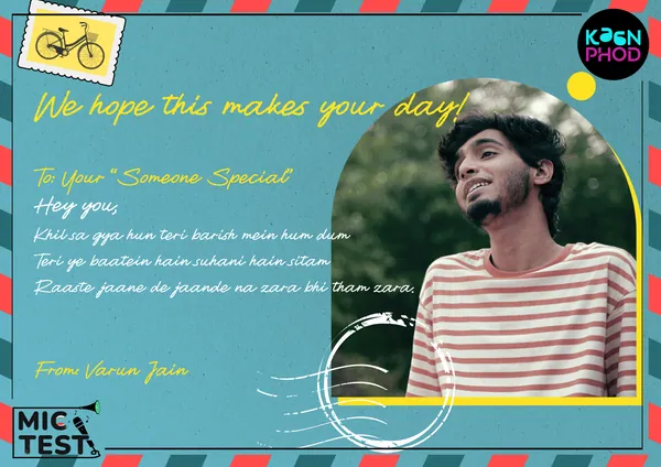 A Raaste postcard from Varun Jain, written out with lines from the song.