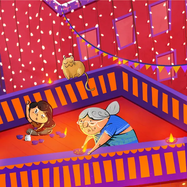 Rasnaful Deepavali grid: grandmother lights lamps on the balcony.