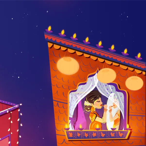 Rasnaful Deepavali grid: a couple at a glowing window.