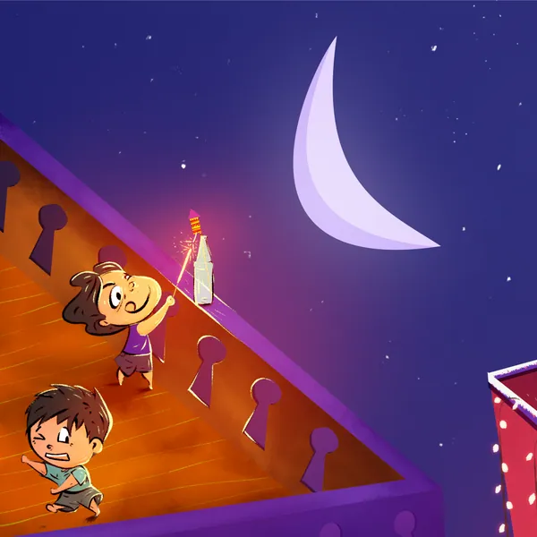 Rasnaful Deepavali grid: a crescent moon over the rooftops.